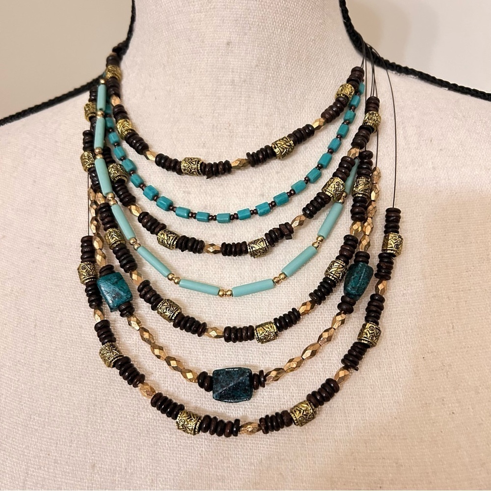 Bohemian Faux Turquoise and Gold Beaded Multi-Strand Necklace - Picture 1 of 3